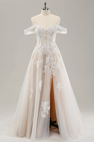 Prinsessa Vit Off The Shoulder Applique Tyll Bröllopsklänning med slits